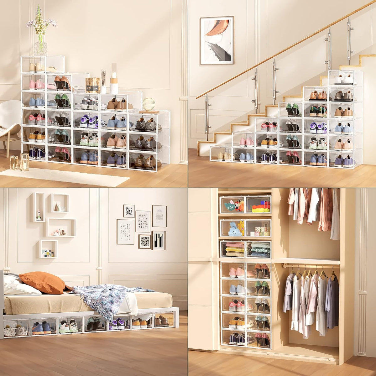 12 Pack Large Stackable Clear Plastic Shoe Storage Boxes Organizer, White