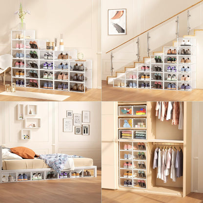 12 Pack Large Stackable Clear Plastic Shoe Storage Boxes Organizer, White