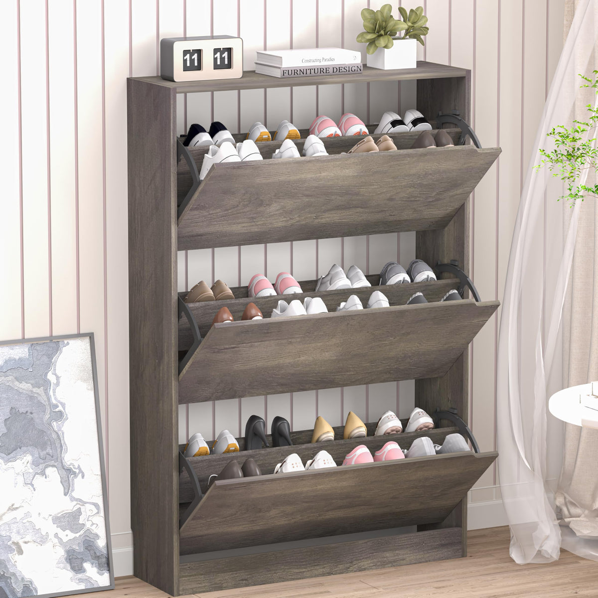 BORNOON Shoe Cabinet with 3 Flip Drawers, Hidden Wood Shoe Cabinet,Freestanding Shoe Storage Cabinet for Entryway Hallway.White. 47.2" H*31.5" W*9.45" D.