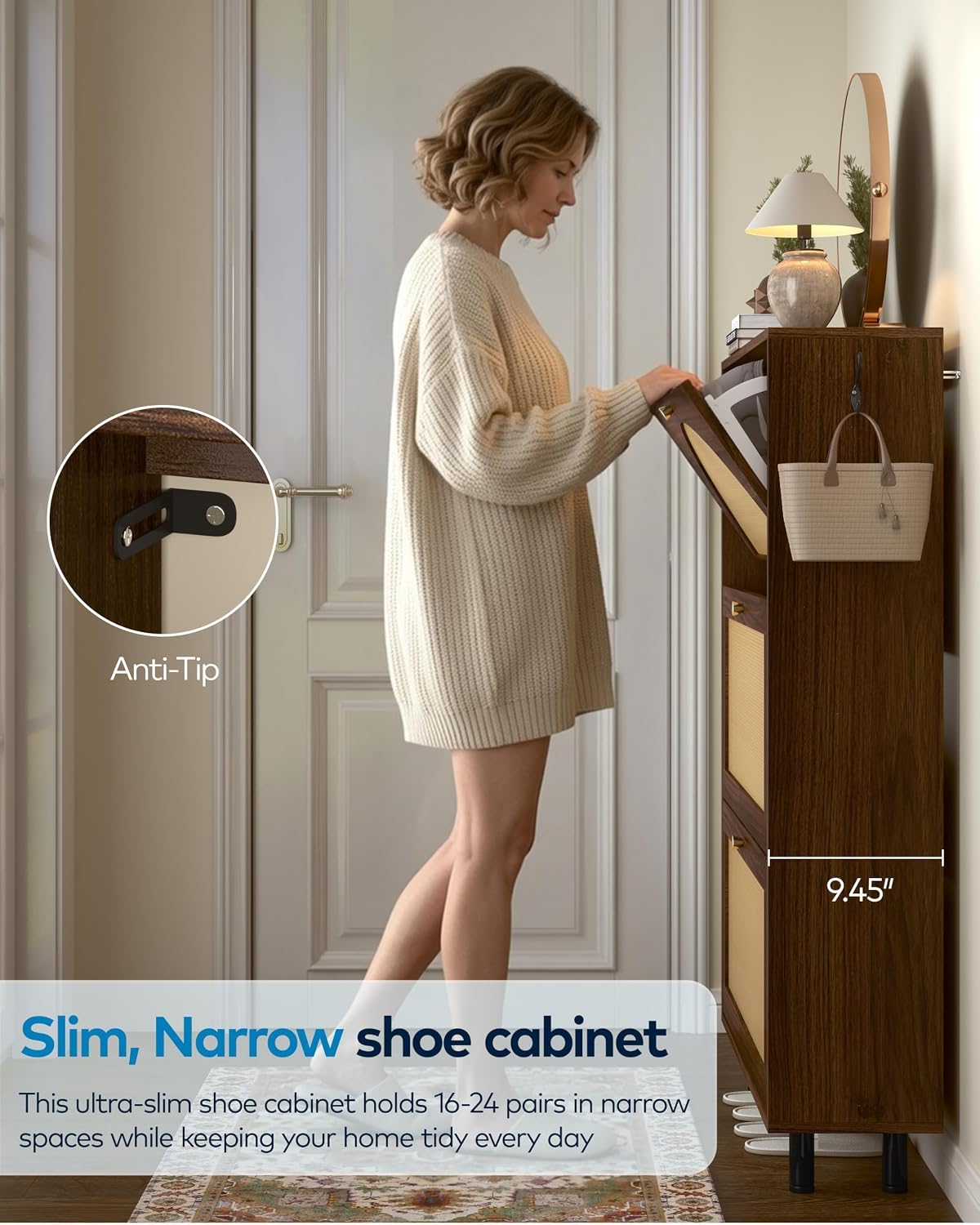 Shoe Cabinet with 3 Flip Drawers, Rattan Slim Narrow Freestanding Hidden