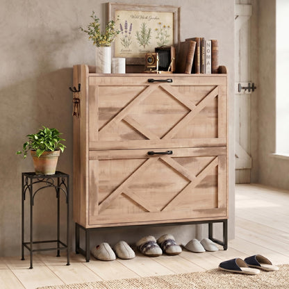 Nicetree Shoe Storage Cabinet with 2 Flip Drawers, Freestanding Wood Shoe Organizer with Metal Legs, Farmhouse Slim Shoe Rack for Entryway, Foyer, Hallway, Rustic Brown