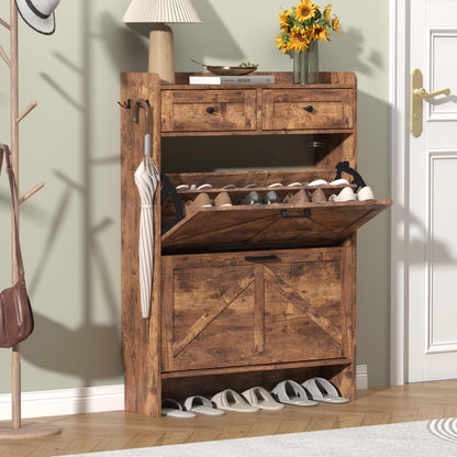 Thacuok Black Shoe Cabinet with 2 Flip Drawers & 2 Storage Drawers, Rustic Farmhouse Narrow Shoe Organizer Cabinet, Slim Shoe Rack Cabinet, Shoe Storage Cabinet for Entryway, Hallway
