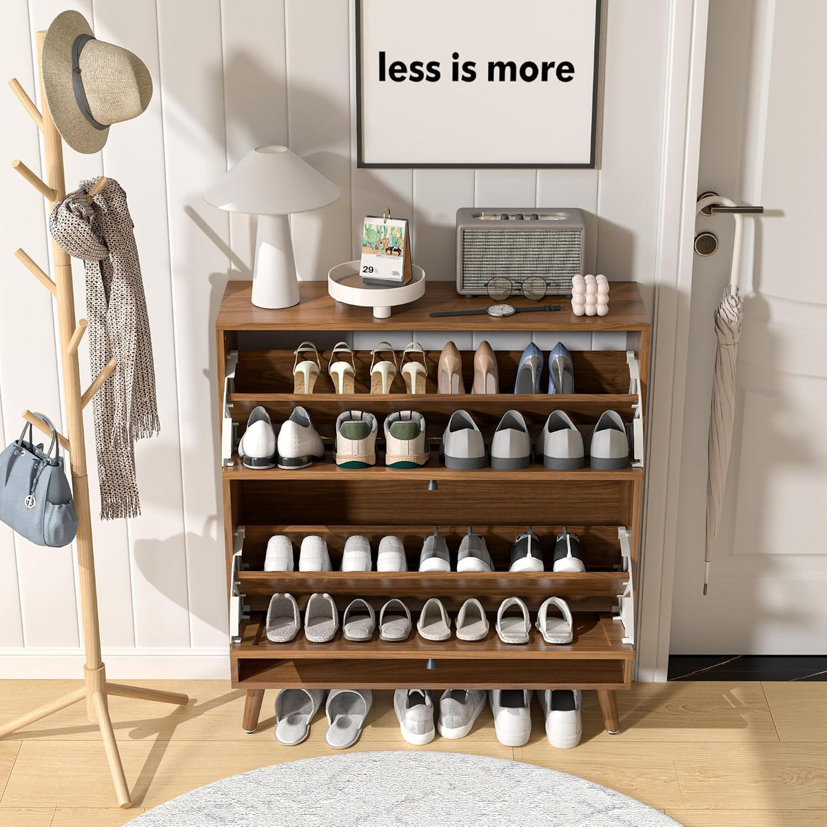 Fsbecl Shoe Storage Cabinet for Entryway with 2 Fluted Flip Drawers, Walnut