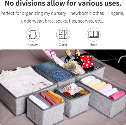 Criusia Foldable Underwear Drawer Organizer, Closet Dividers, Storage Box for Clothes, Socks (6 Bins, Gray)