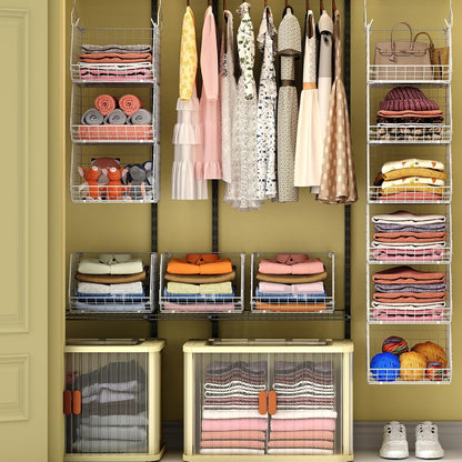 X-cosrack 6 Tier Closet Hanging Organizer, Clothes Hanging Shelves with 4 Hanging Hooks 5 S Hooks, Wire Storage Basket Bins, for Clothing Sweaters Shoes Handbags Clutches Accessories Patent