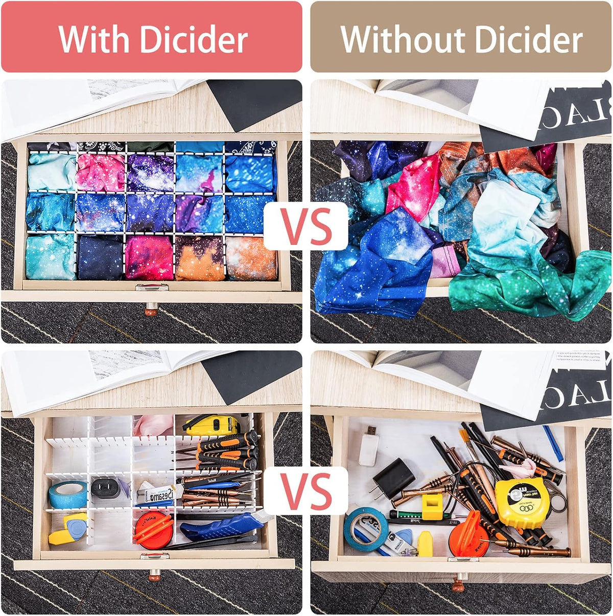 45 Pack Drawer Dividers, Plastic Adjustable Drawer Storage Organizer for Tidying Clutter Socks, Underwear, Makeup, Kitchen, Dresser Black