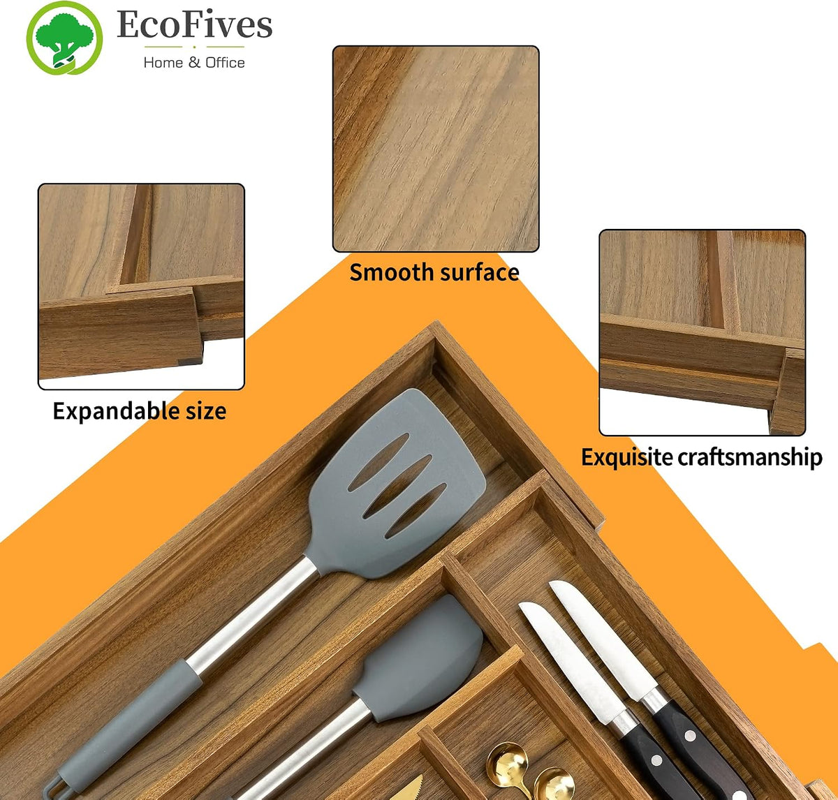 Luxury Acacia Kitchen Drawer Organizer - Silverware Organizer - Utensil Holder and Cutlery Tray with Grooved Drawer Dividers for Flatware and Kitchen Utensils (8 Slot), 17*12.4*2 inch