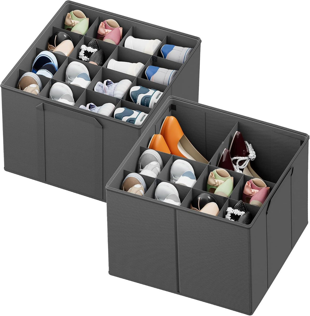 SpaceAid Shoe Organizer for Closet, 2 Pack Foldable Shoe Storage Containers Baskets Boxes Bins w/Adjustable Dividers, Fits 16-32 Pairs, Grey