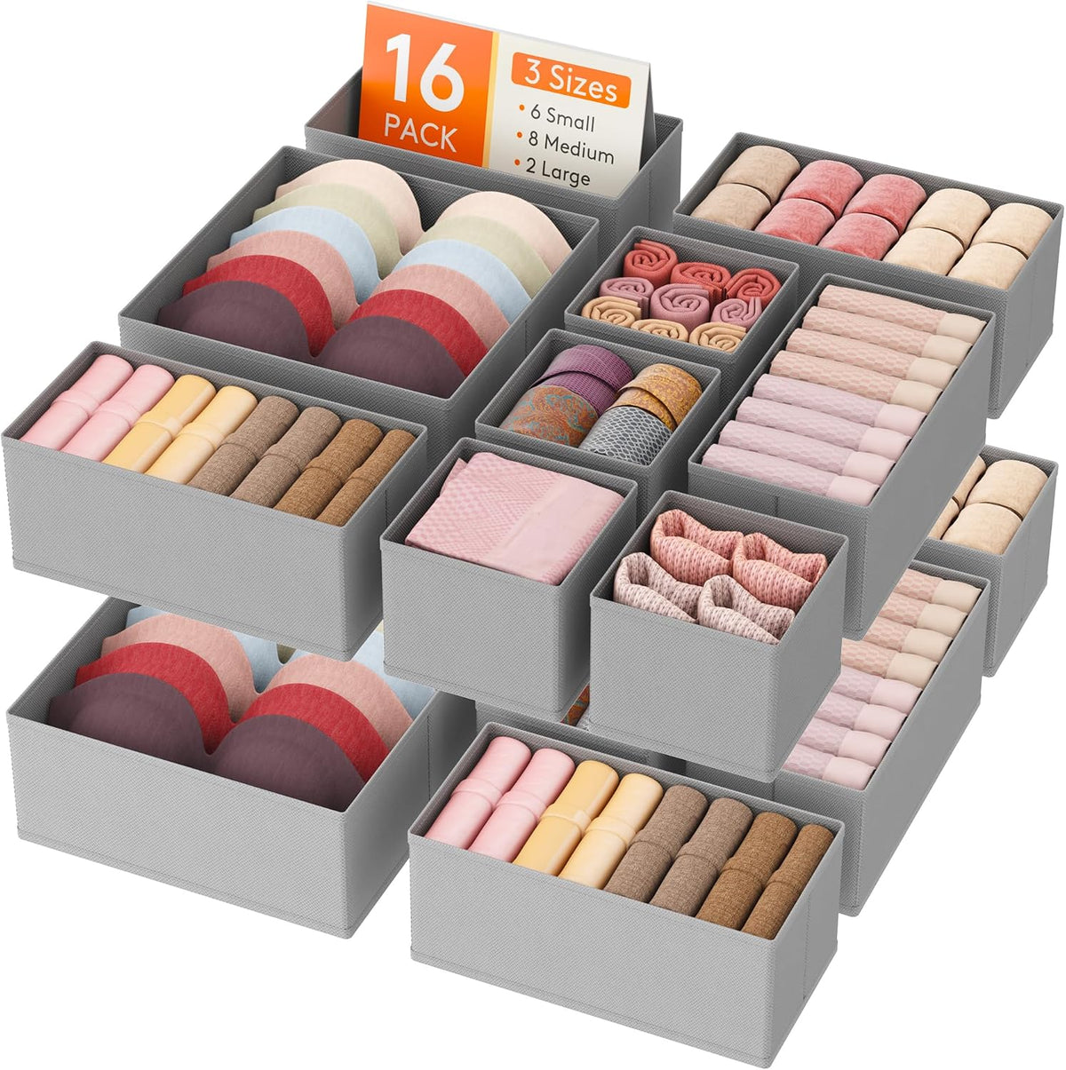 Lifewit Drawer Organizer Clothes for Closet, Light Gray, 16 Pack