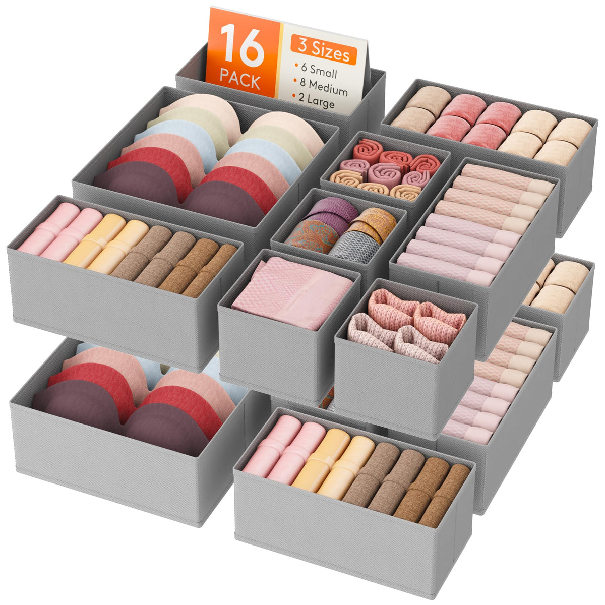 Lifewit Drawer Organizer Clothes for Closet, Light Gray, 16 Pack