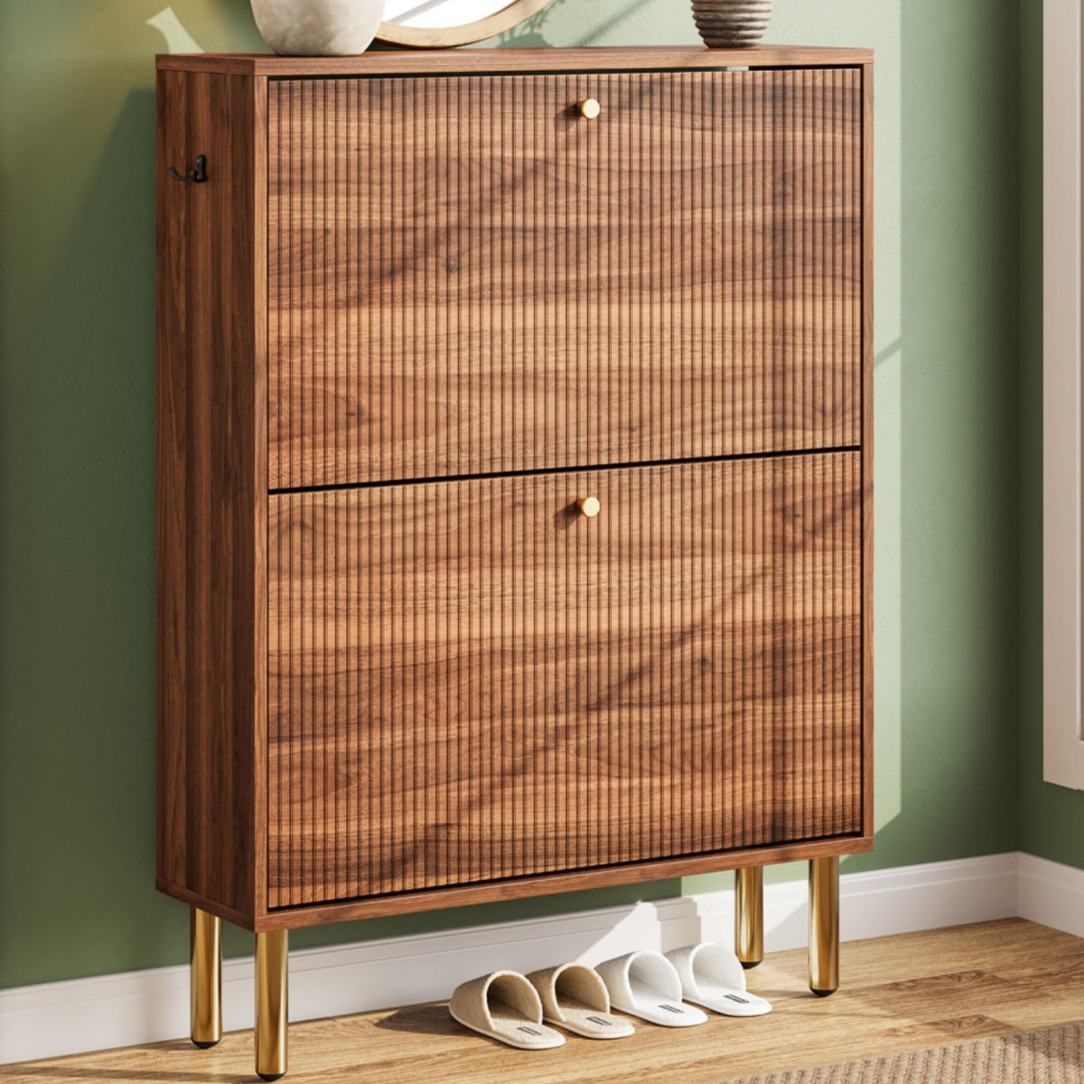 Nicetree Shoe Cabinet, 3 Flip Drawers & Adjustable Shelves, Ultra Slim Freestanding (9.1” Deep), Holds 30 Pairs, Narrow Shoe Storage Cabinet with Anti-Tip Safety, Modern Farmhouse White Walnut