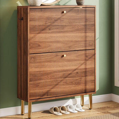 Nicetree Shoe Cabinet, 3 Flip Drawers & Adjustable Shelves, Ultra Slim Freestanding (9.1” Deep), Holds 30 Pairs, Narrow Shoe Storage Cabinet with Anti-Tip Safety, Modern Farmhouse White Walnut