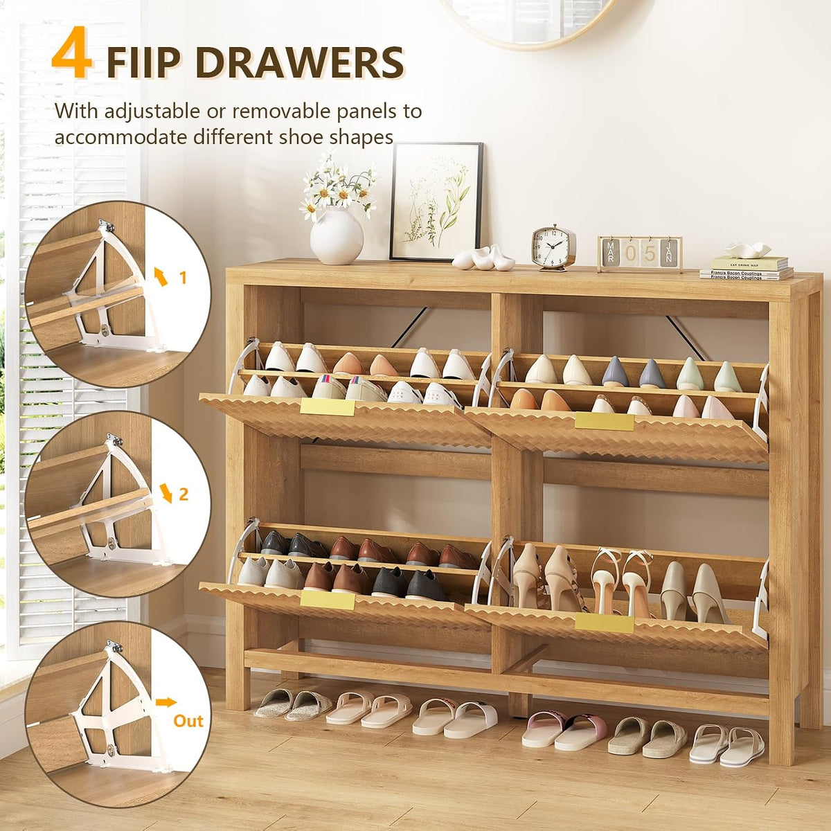 47" Fluted Shoe Cabinet Stoarge with 4 Flip Drawers for Entryway, Hallway