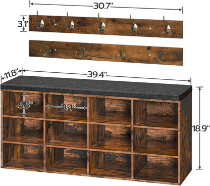 HOOBRO Shoe Storage Bench with Cushion, 39.4" L Entryway Bench with 12 Cubbies, Entryway Hall Tree with Storage, Shoe Cabinet with Coat Rack for Bedroom, Hallway, Holds up to 330 lb, BF112HX01G1