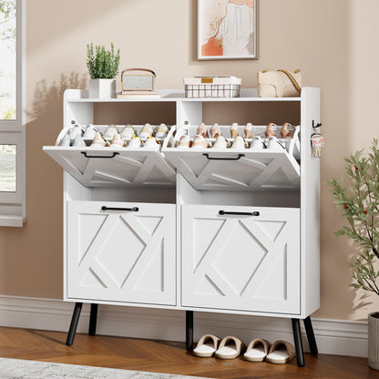 Nicetree Shoe Storage Cabinet with 2 Flip Drawers, Freestanding Wood Shoe Organizer with Metal Legs, Farmhouse Slim Shoe Rack for Entryway, Foyer, Hallway, Rustic Brown