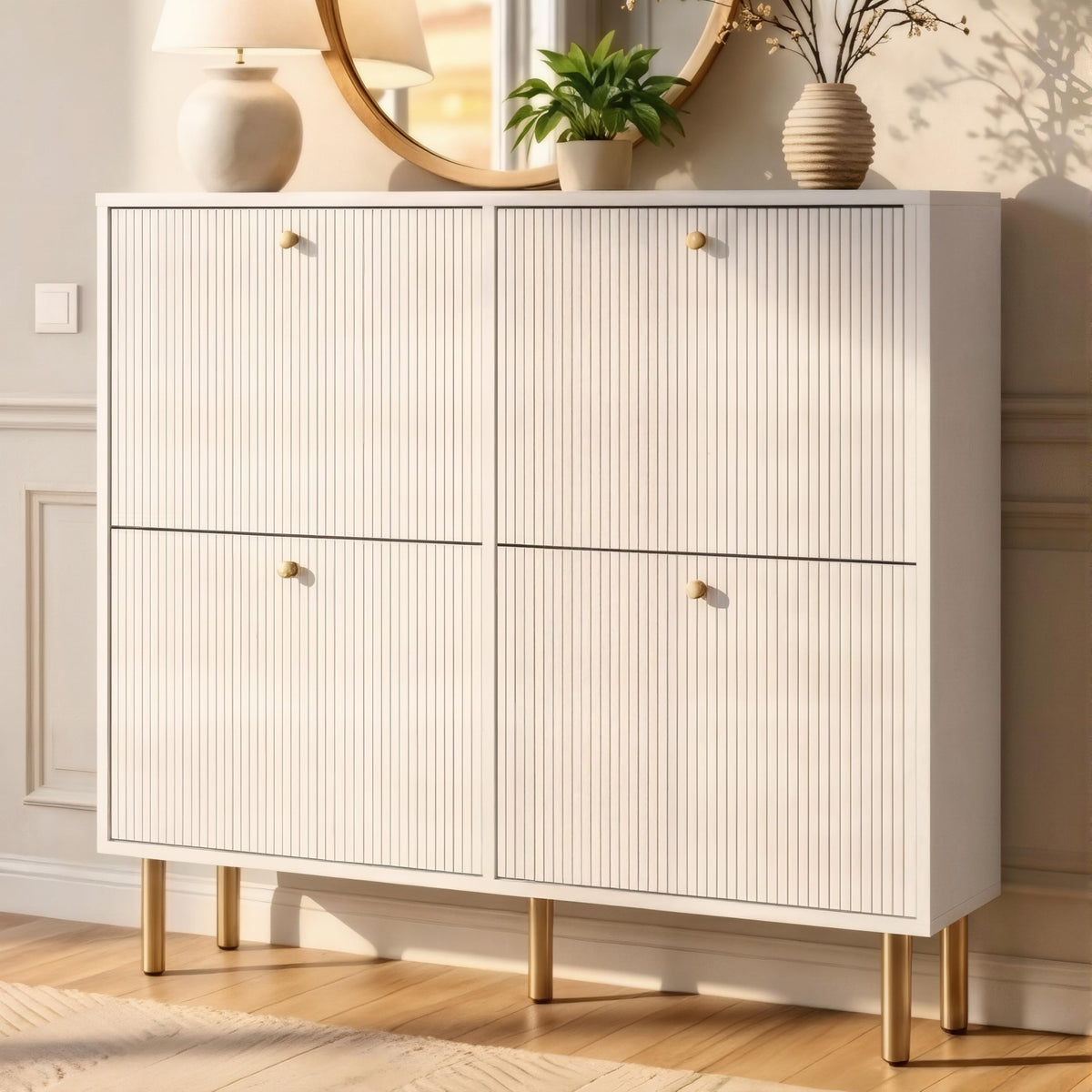 Nicetree Shoe Cabinet, 3 Flip Drawers & Adjustable Shelves, Ultra Slim Freestanding (9.1” Deep), Holds 30 Pairs, Narrow Shoe Storage Cabinet with Anti-Tip Safety, Modern Farmhouse White Walnut