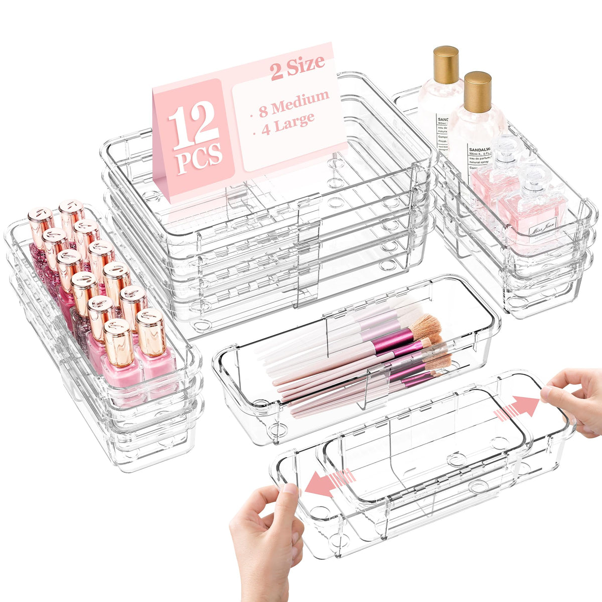 DILIBRA 16 Pcs Clear Extendable Drawer Organizer, Adjustable Drawer Storage
