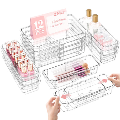 DILIBRA 16 Pcs Clear Extendable Drawer Organizer, Adjustable Drawer Storage