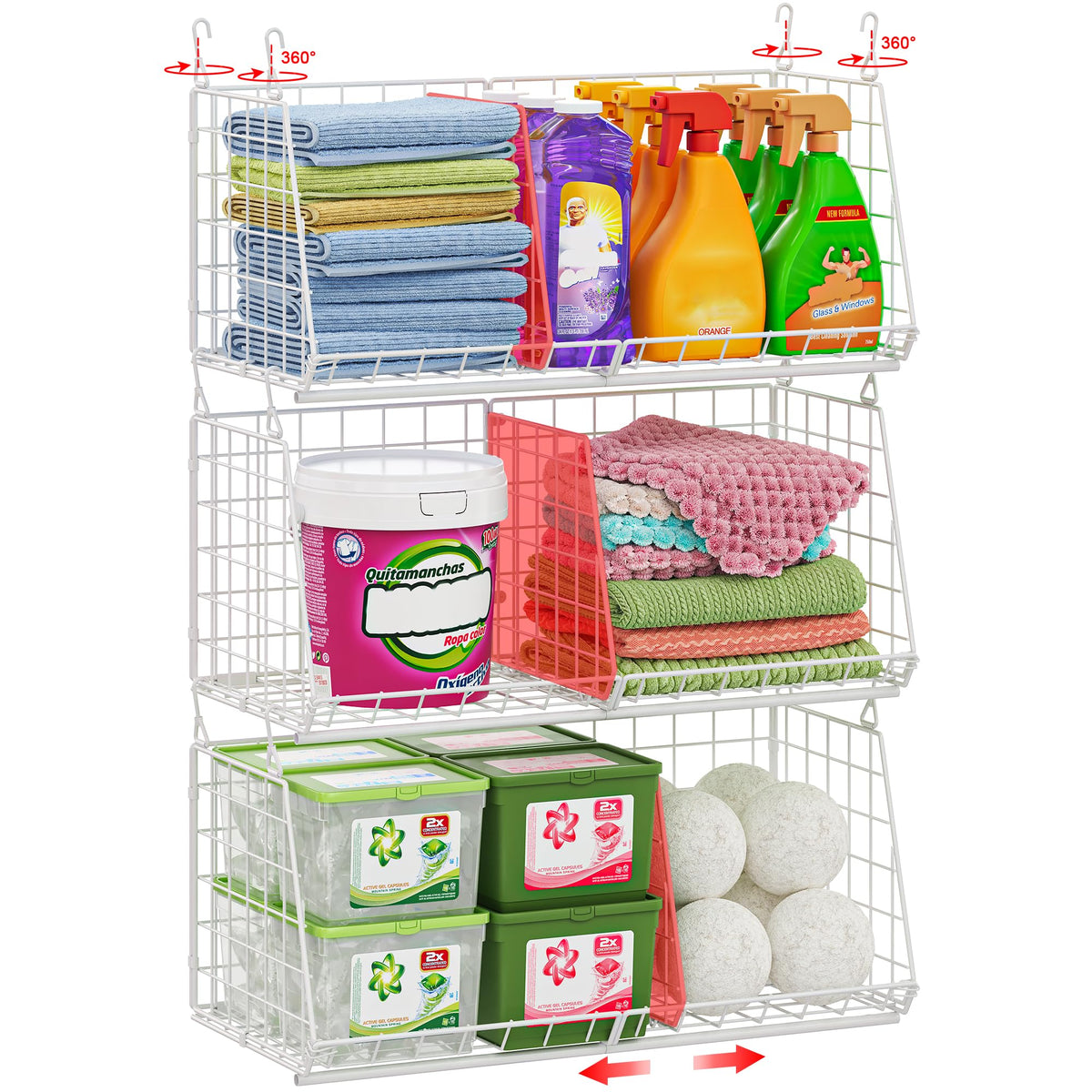 3-Tier Hanging Laundry Basket Organizer：Foldable Wire Shelf Laundry Room Organizer with 360°Rotating Hooks Small Space Solutions Closet Hanging Organizer - Laundry Organization, White Patent