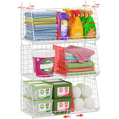 3-Tier Hanging Laundry Basket Organizer：Foldable Wire Shelf Laundry Room Organizer with 360°Rotating Hooks Small Space Solutions Closet Hanging Organizer - Laundry Organization, White Patent