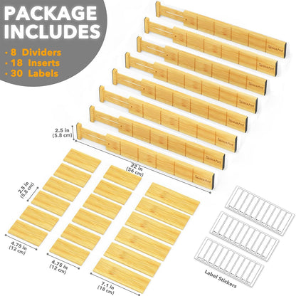 SpaceAid Bamboo Drawer Dividers with Inserts and Labels, Kitchen Adjustable Drawer Organizers, Expandable Organization for Home, Office, Dressers and Bathroom, 8 Dividers with 18 Inserts (17-22 in)