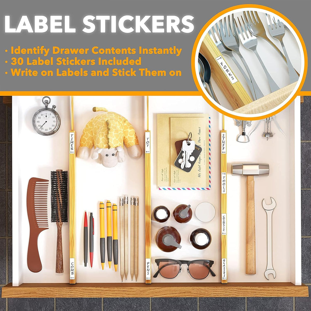SpaceAid Bamboo Drawer Dividers with Labels, Kitchen Adjustable Drawer Organizers, Expandable Organization for Home, Office, Dressers and Bathroom, 6 Dividers (17-22 in)