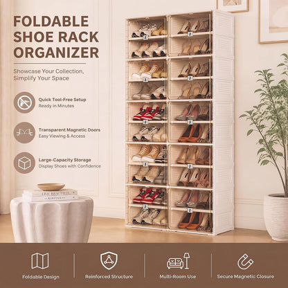 Shoe Rack, 40-Pair Foldable Shoe Storage Cabinet, Magnetic Doors