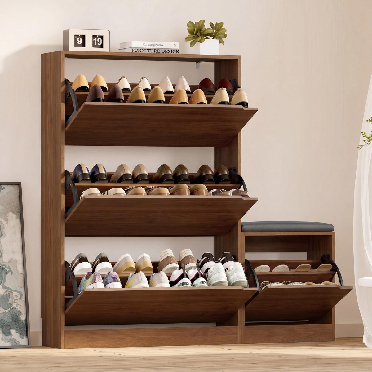 BORNOON Shoe Cabinet with 3 Flip Drawers, Hidden Wood Shoe Cabinet,Freestanding Shoe Storage Cabinet for Entryway Hallway.White. 47.2" H*31.5" W*9.45" D.