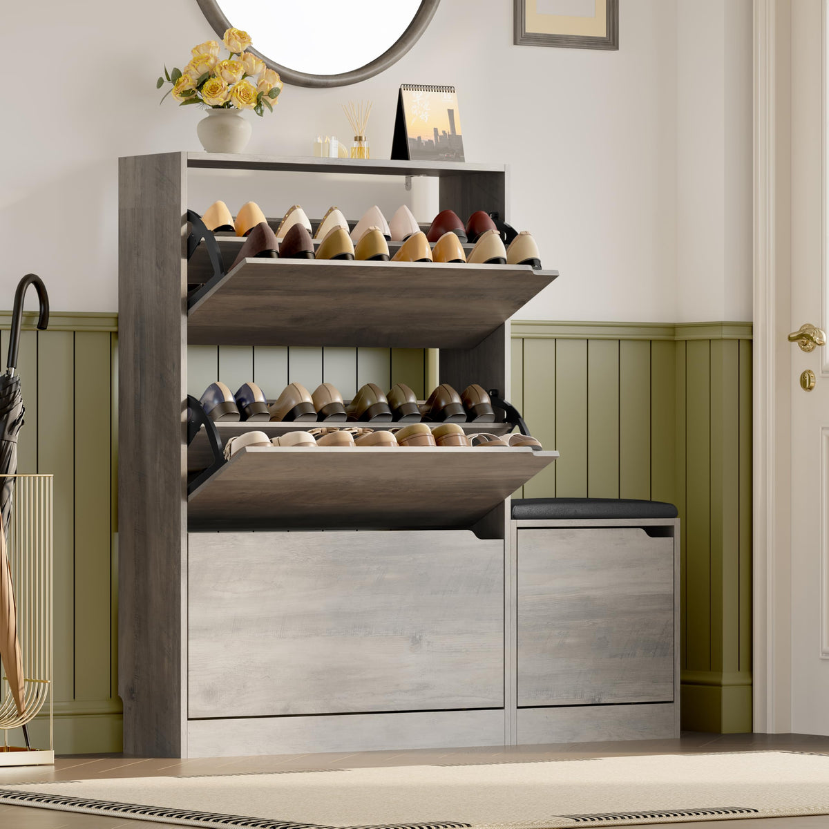 BORNOON Shoe Cabinet with 3 Flip Drawers, Hidden Wood Shoe Cabinet,Freestanding Shoe Storage Cabinet for Entryway Hallway.White. 47.2" H*31.5" W*9.45" D.