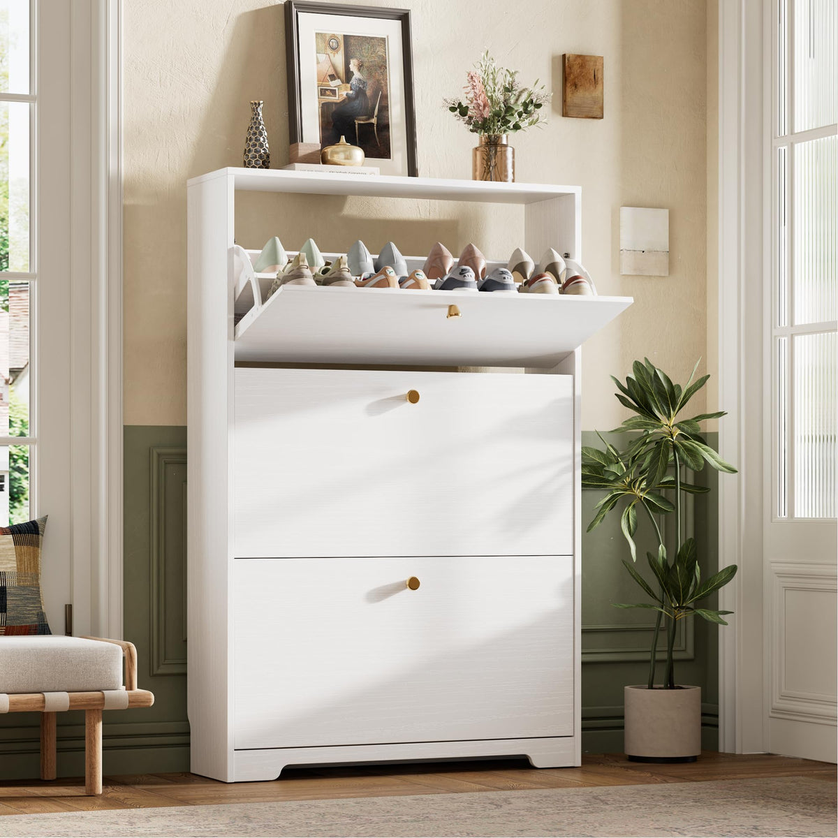 Nicetree Shoe Cabinet with 3 Flip Drawers, Modern Entryway Organizer, White