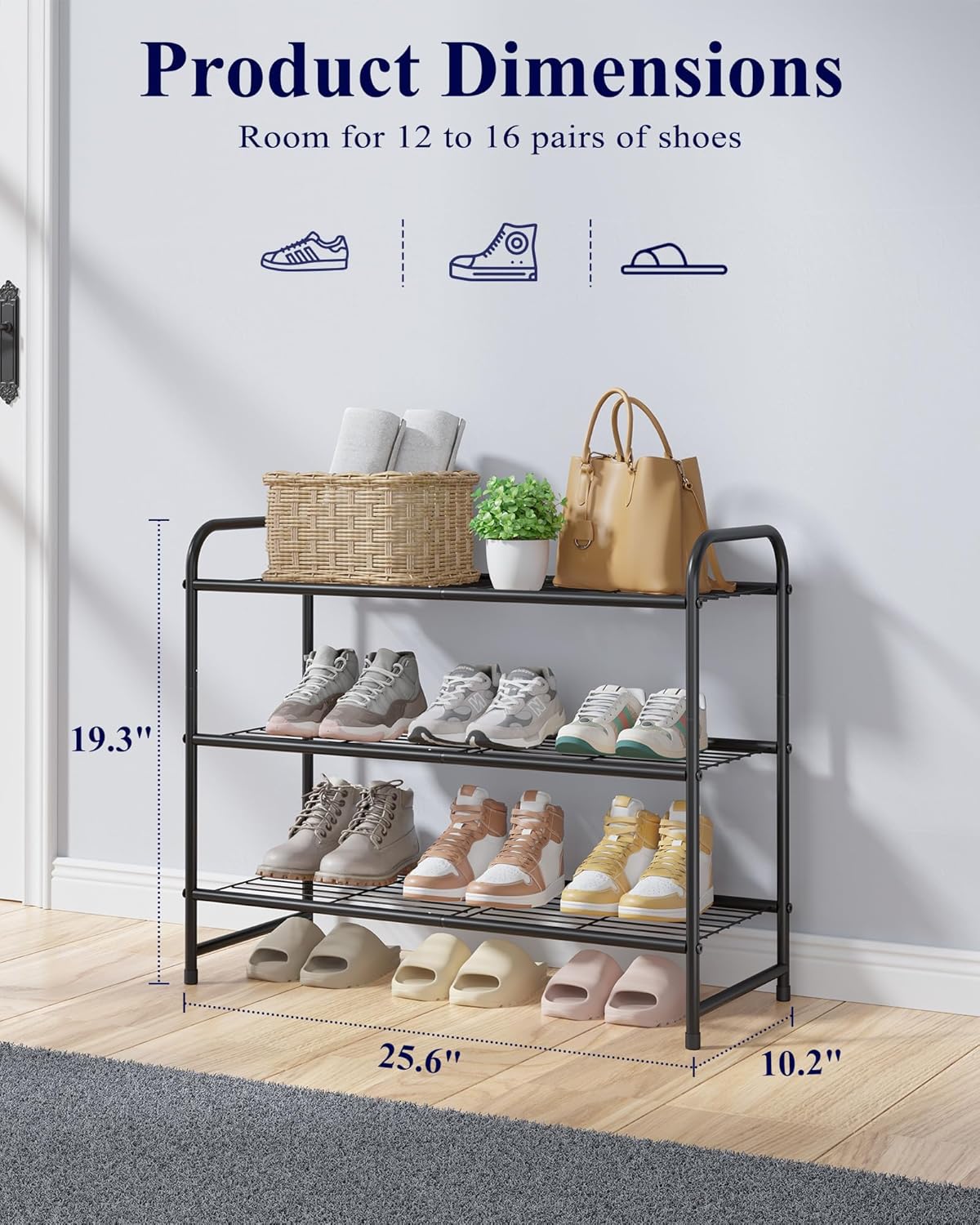 Kitsure Stainless Steel Shoe Rack Organizer, 25.6" Wide - 3 Tier, Black