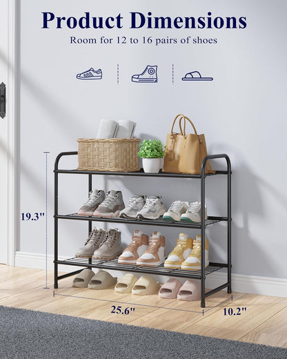 Kitsure Stainless Steel Shoe Rack Organizer, 25.6" Wide - 3 Tier, Black