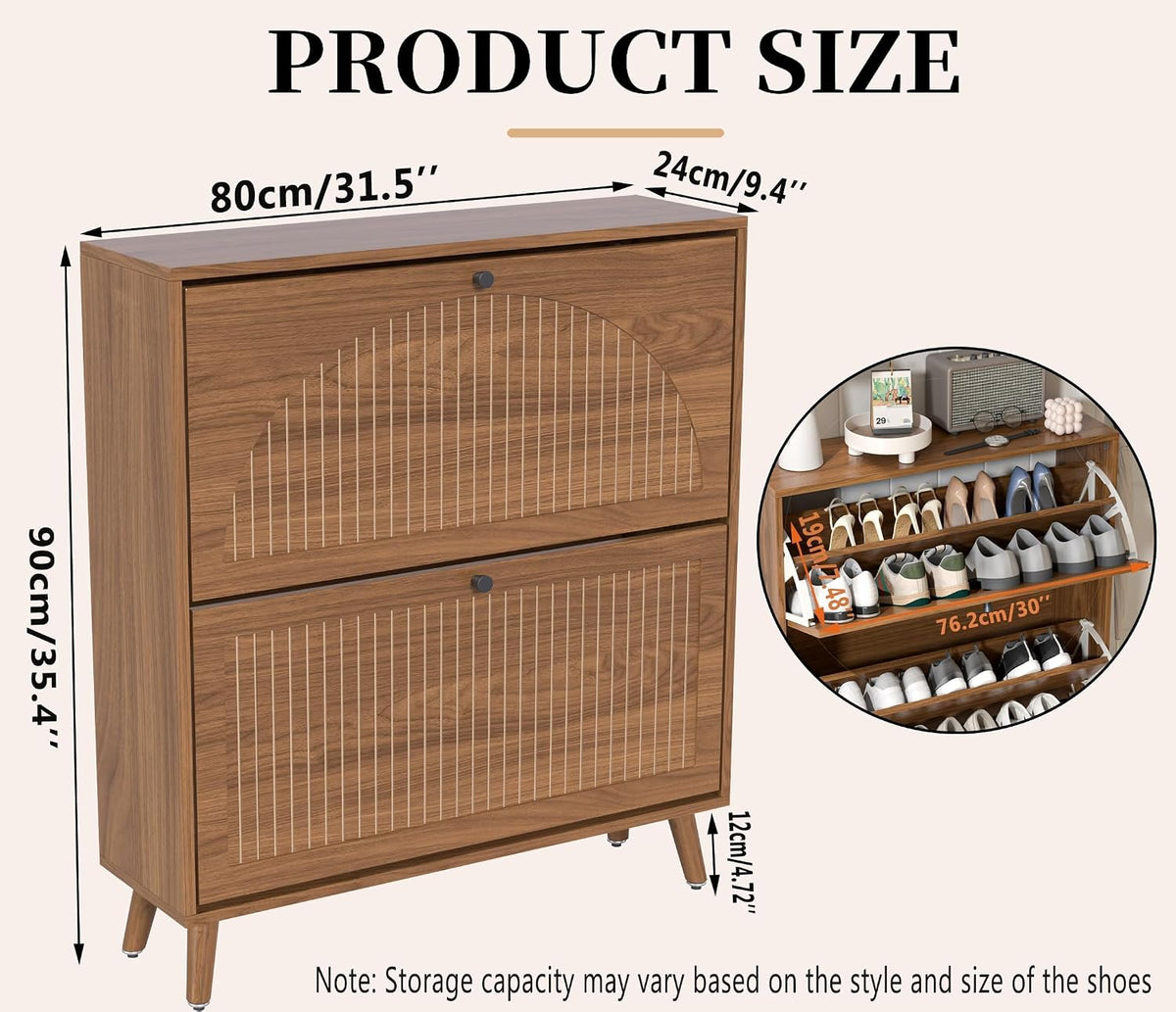 Fsbecl Shoe Storage Cabinet for Entryway with 2 Fluted Flip Drawers, Walnut