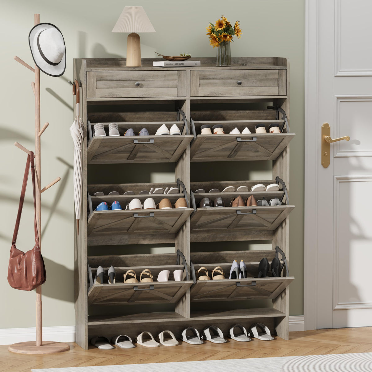 Thacuok Black Shoe Cabinet with 2 Flip Drawers & 2 Storage Drawers, Rustic Farmhouse Narrow Shoe Organizer Cabinet, Slim Shoe Rack Cabinet, Shoe Storage Cabinet for Entryway, Hallway