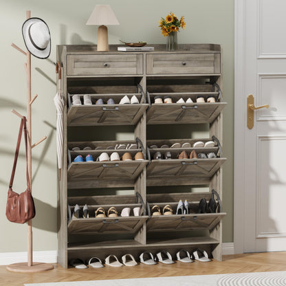 Thacuok Black Shoe Cabinet with 2 Flip Drawers & 2 Storage Drawers, Rustic Farmhouse Narrow Shoe Organizer Cabinet, Slim Shoe Rack Cabinet, Shoe Storage Cabinet for Entryway, Hallway