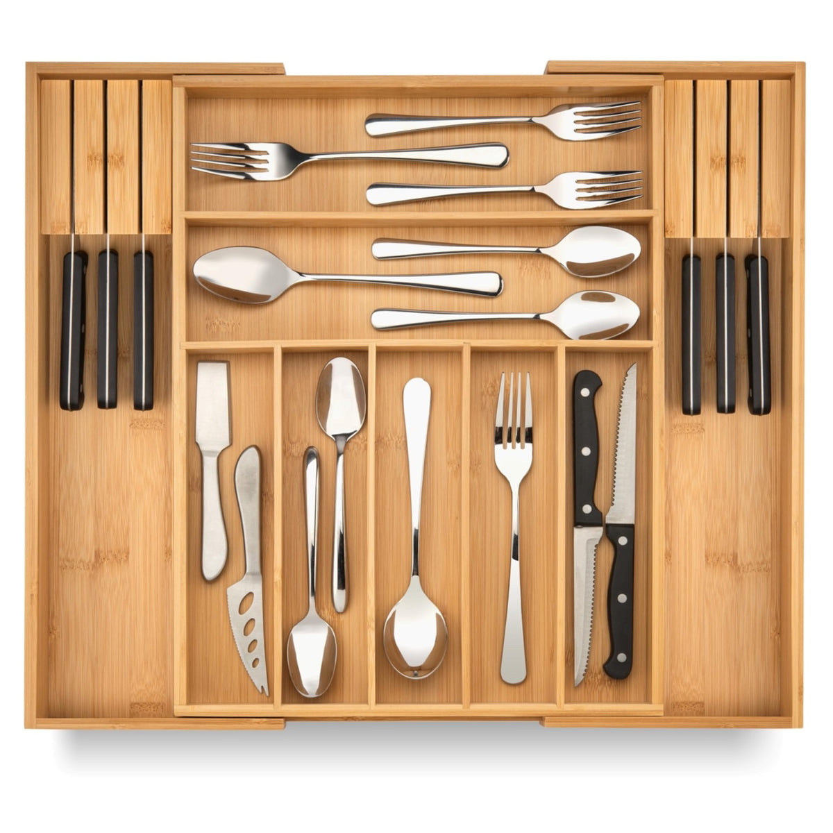 Purawood Bamboo Drawer Organizer - Expandable Silverware Organizer & Utensil Drawer Organizer, Cutlery Tray with Dividers, 7-9 Slots- Kitchen Organizer for Utensils & Flatware (Natural)