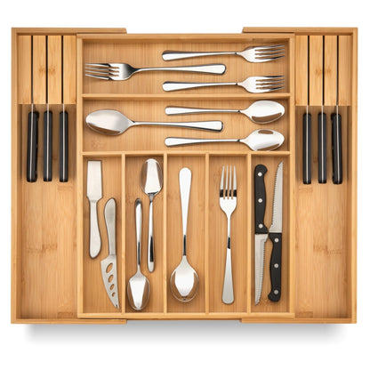 Purawood Bamboo Drawer Organizer - Expandable Silverware Organizer & Utensil Drawer Organizer, Cutlery Tray with Dividers, 7-9 Slots- Kitchen Organizer for Utensils & Flatware (Natural)