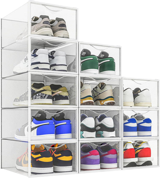 Seseno 12 Pack Shoe Storage Bins, Clear Plastic Stackable Shoe Organizer for Closet, Space Saving Foldable Shoe Rack, Shoe Box Sneaker Holder Container