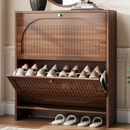 Nicetree Shoe Cabinet, 3 Flip Drawers & Adjustable Shelves, Ultra Slim Freestanding (9.1” Deep), Holds 30 Pairs, Narrow Shoe Storage Cabinet with Anti-Tip Safety, Modern Farmhouse White Walnut