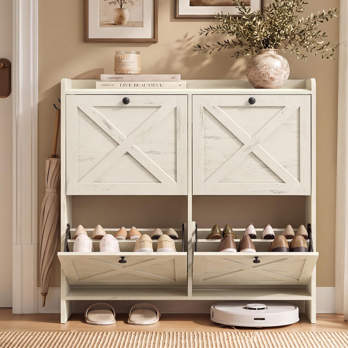 VASAGLE Narrow Shoe Storage Cabinet Organizer with 2 Flip Drawers