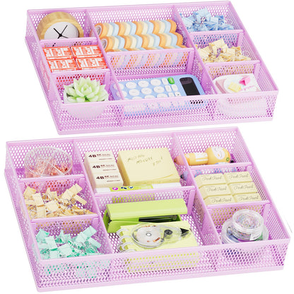 Marbrasse 2 Pack Desk Drawer Organizer, Mesh Drawer Organizer Tray with 8 Adjustable Compartments, Desk Organizers and Accessories, 5 Dividers Drawer for Office Supplies, Makeup & Vanity (Black)
