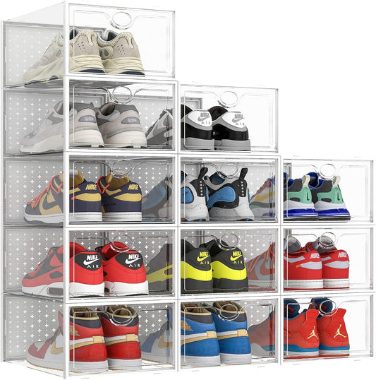 Pinkpum XXL 12 Pack Shoe Storage Box Clear Plastic Stackable Shoe Organizer