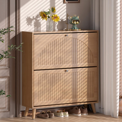 Fsbecl Shoe Storage Cabinet for Entryway with 2 Fluted Flip Drawers, Walnut