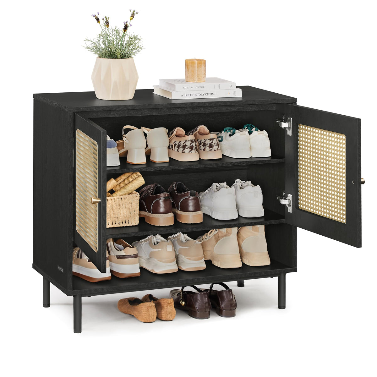VASAGLE Boho Shoe Storage Cabinet, Slim, Rattan-Look Flip Drawers