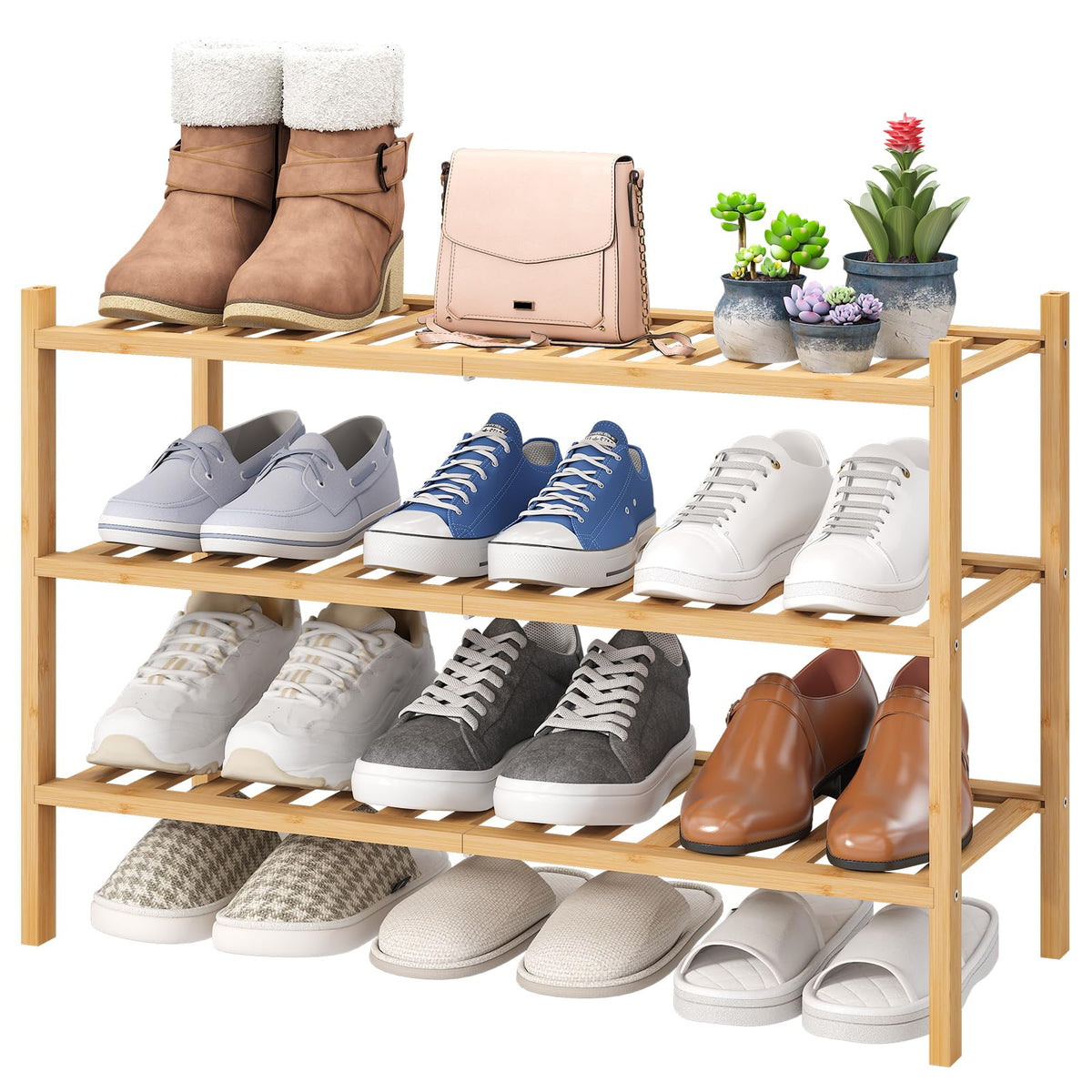 viewcare 4-Tier Bamboo Shoe Rack for Entryway, Stackable | Foldable | Natural, Shoe Organizer for Hallway Closet, Free Standing Shoe Racks for Indoor Outdoor