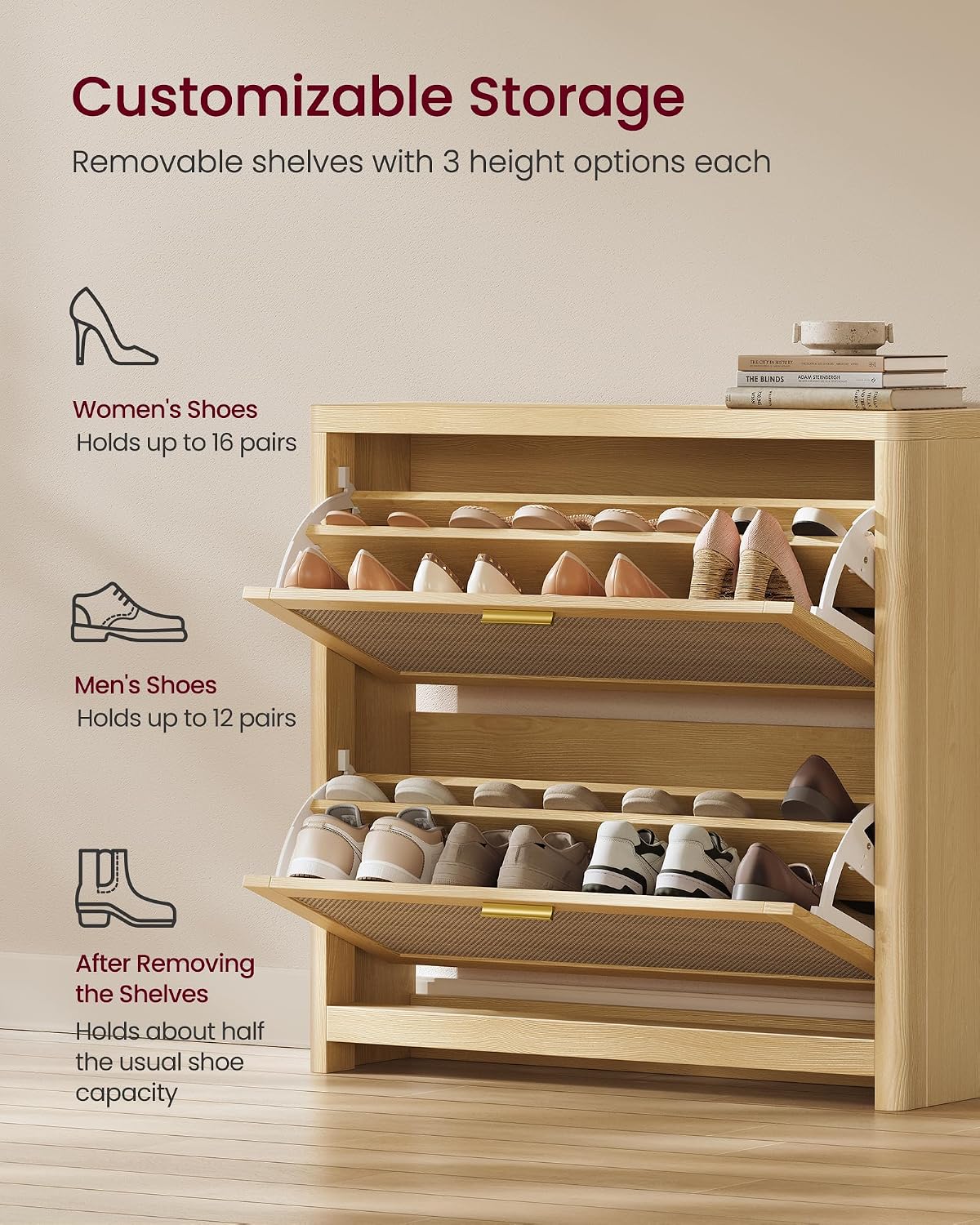 VASAGLE Boho Shoe Storage Cabinet, Slim, Rattan-Look Flip Drawers