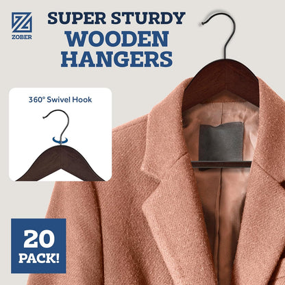 Zober Wooden Hangers 20 Pack, Heavy Duty Clothes Hangers, Non Slip, Vintage