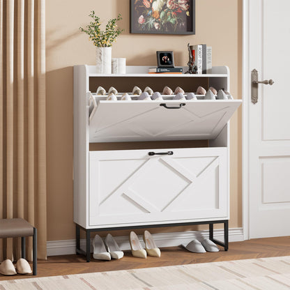 Nicetree Shoe Storage Cabinet with 2 Flip Drawers, Freestanding Wood Shoe Organizer with Metal Legs, Farmhouse Slim Shoe Rack for Entryway, Foyer, Hallway, Rustic Brown
