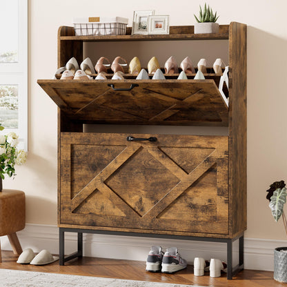 Nicetree Shoe Storage Cabinet with 2 Flip Drawers, Freestanding Wood Shoe Organizer with Metal Legs, Farmhouse Slim Shoe Rack for Entryway, Foyer, Hallway, Rustic Brown