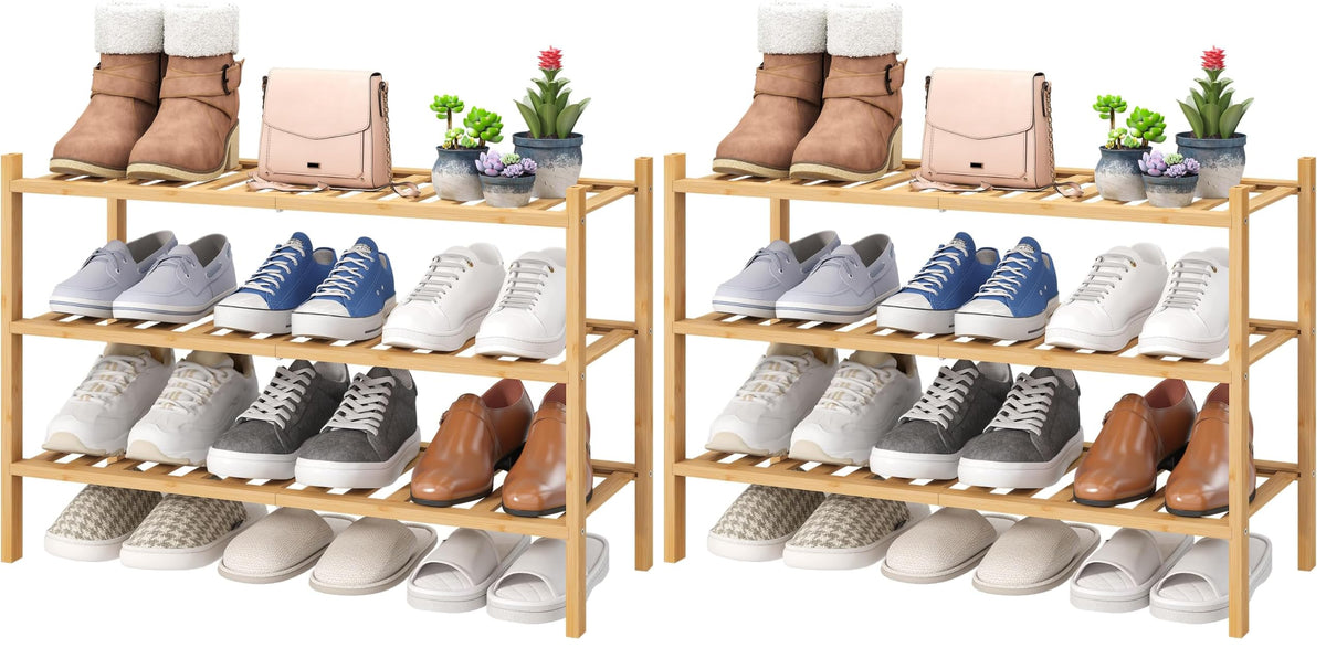viewcare 4-Tier Bamboo Shoe Rack for Entryway, Stackable | Foldable | Natural, Shoe Organizer for Hallway Closet, Free Standing Shoe Racks for Indoor Outdoor